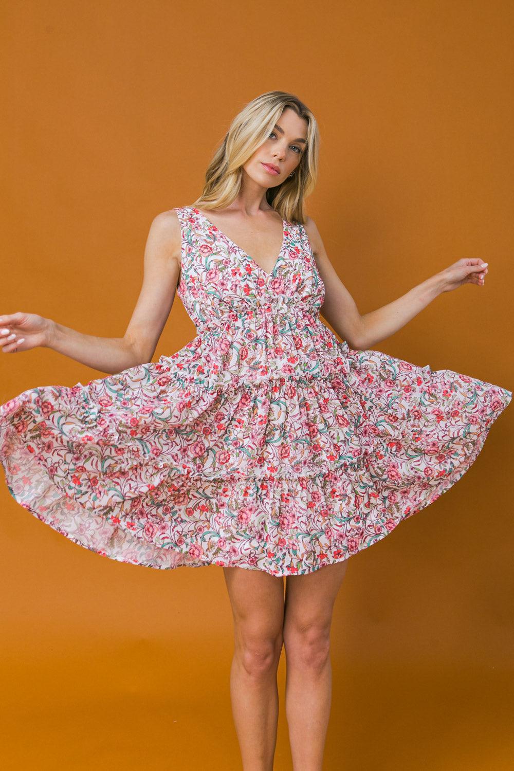 A FLORIOUS TIME WOVEN MINI DRESS.