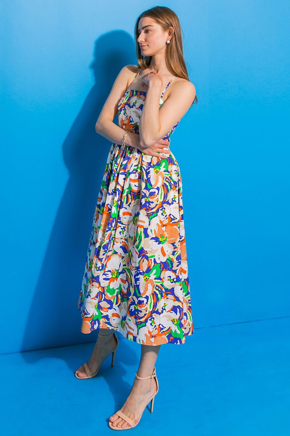 SWING ME AROUND POPLIN MIDI DRESS.