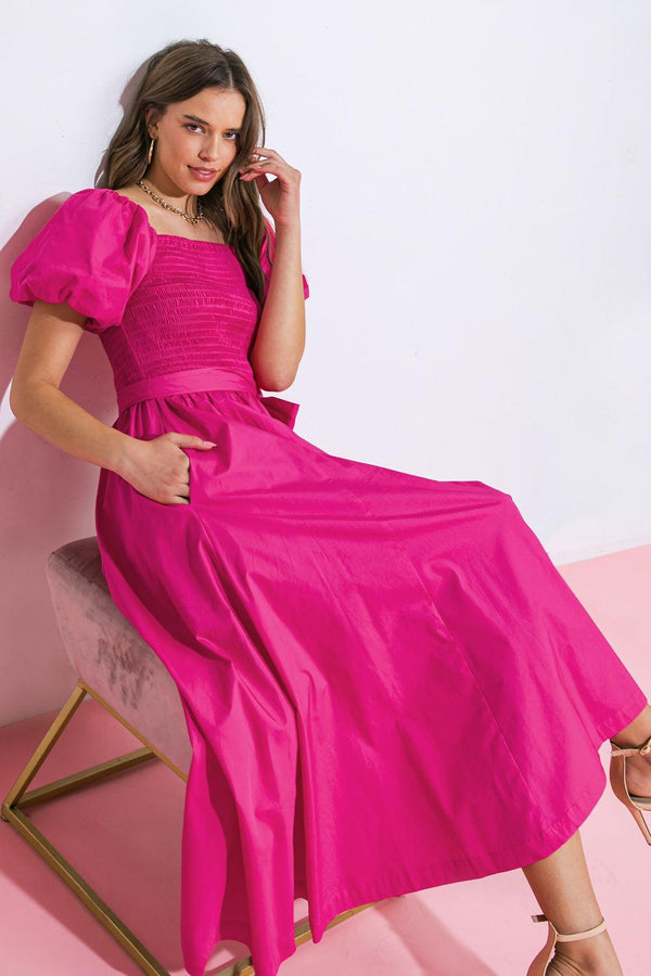A PEACEFUL PLACE WOVEN MIDI DRESS.
