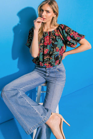 SENSET DINNER FLORAL WOVEN TOP.