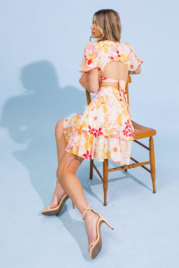 MAGICAL FLORALS WOVEN MINI DRESS.