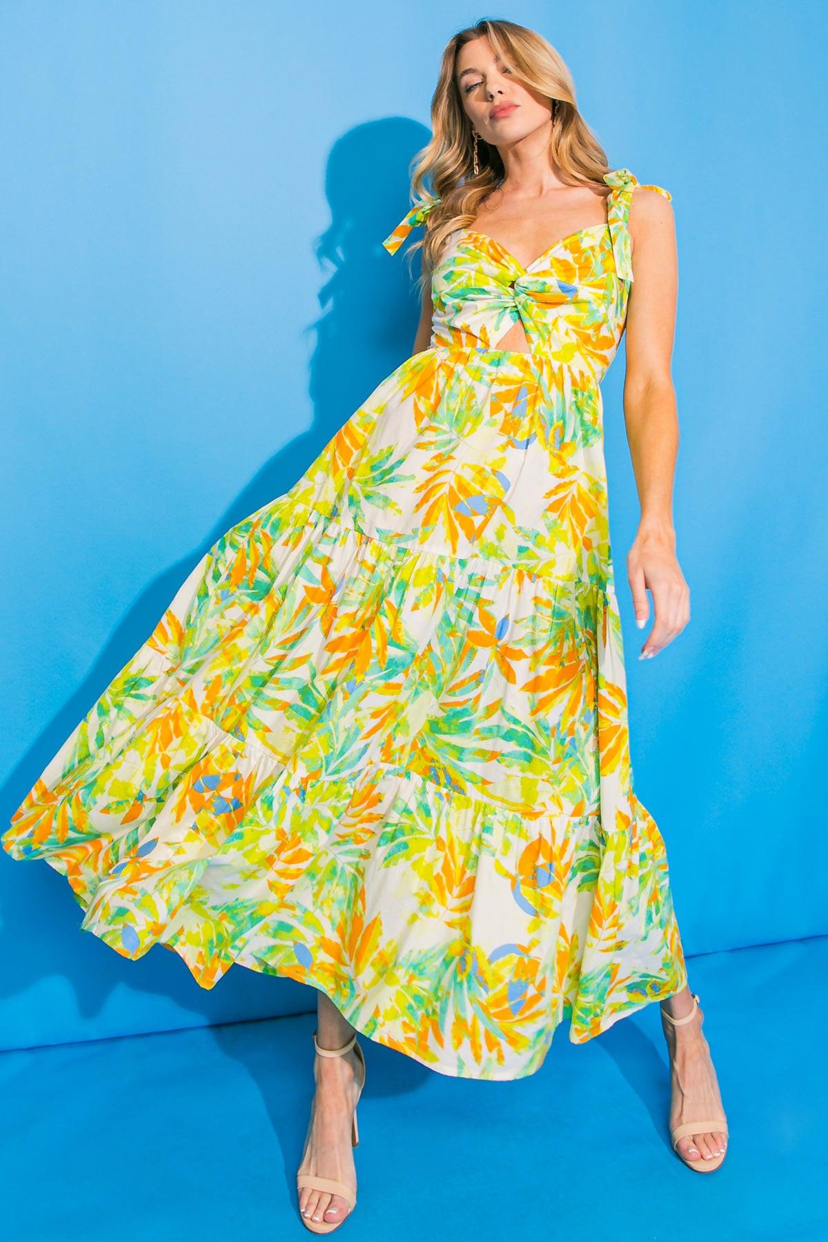 VACATION VIEWS FLORAL WOVEN MIDI DRESS.