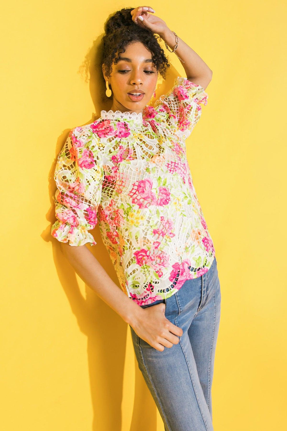 BLISS ME FLORAL WOVEN LACE TOP.
