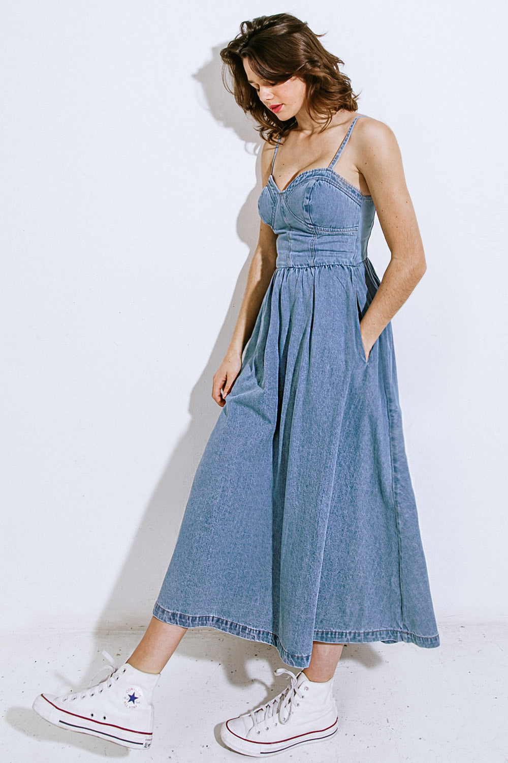 WISH YOU WERE HERE DENIM MIDI DRESS