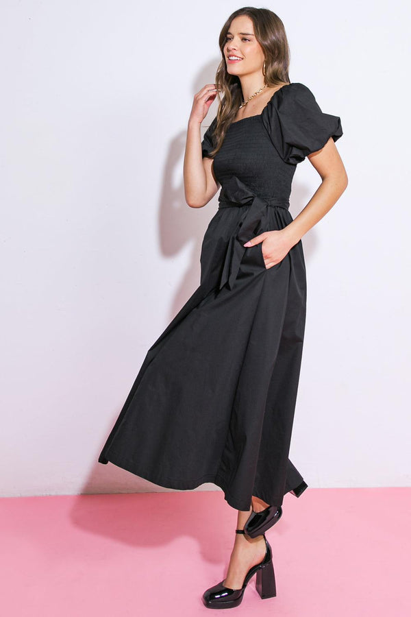 A PEACEFUL PLACE WOVEN MIDI DRESS.