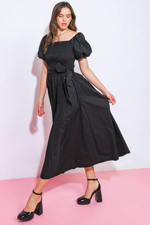A PEACEFUL PLACE WOVEN MIDI DRESS.