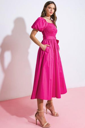 A PEACEFUL PLACE WOVEN MIDI DRESS.