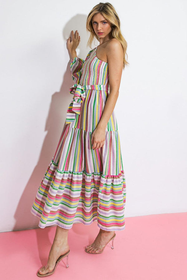 NO MATTER WHERE I GO WOVEN MIDI DRESS.