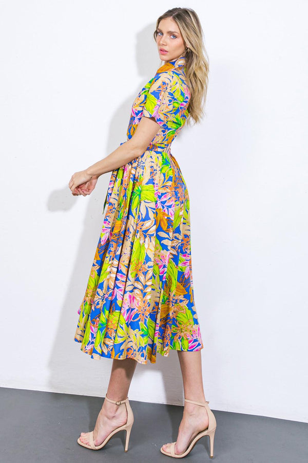 KEEP BLOOMING WOVEN MIDI DRESS.