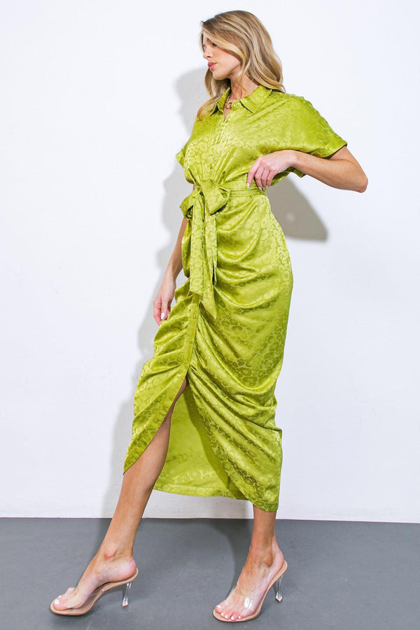 COMING TO MY SENSES WOVEN SATIN MIDI DRESS.