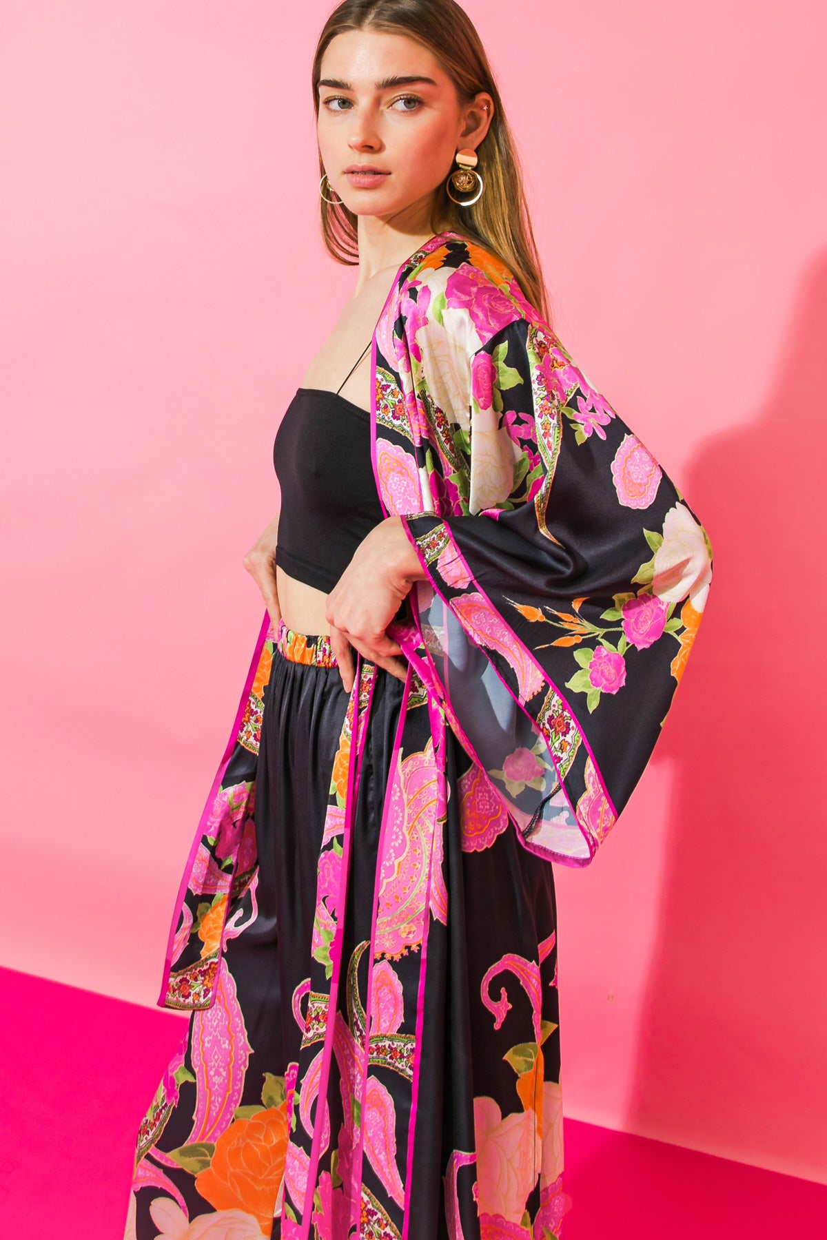 WORDS OF HARMONY SATIN KIMONO AND PANTS SET