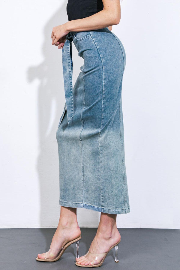 THE GRASS IS GREENER DENIM MIDI SKIRT.