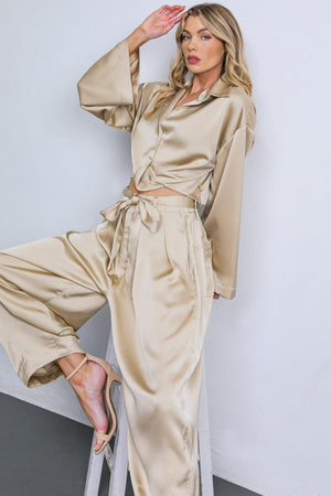 POWERFUL CHARM WOVEN SATIN TOP.