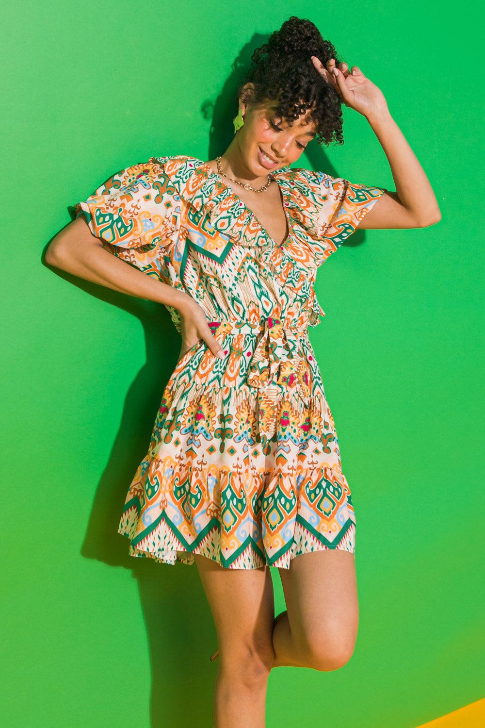MOMENTS OF BLISS FLORAL WOVEN MINI DRESS.
