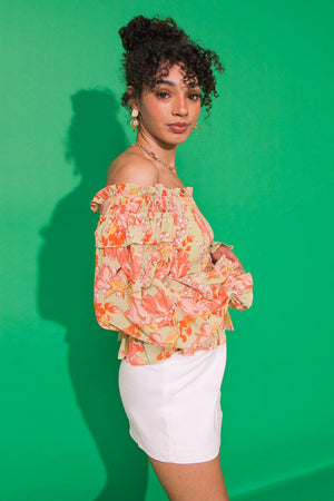 FEELS LIKE FATE WOVEN OFF SHOULDER TOP.