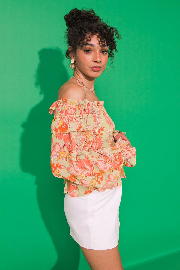 FEELS LIKE FATE WOVEN OFF SHOULDER TOP.
