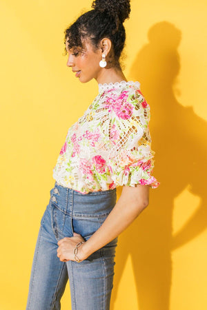 BLISS ME FLORAL WOVEN LACE TOP.